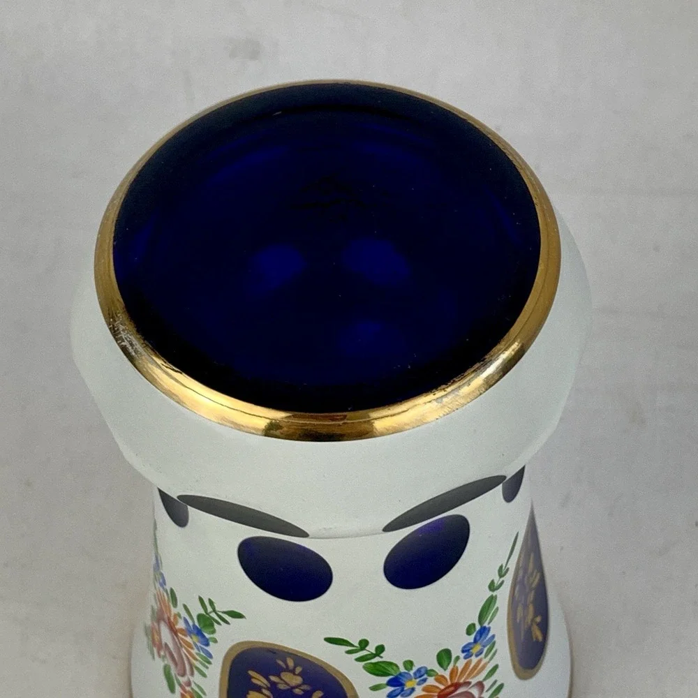 LAUSITZER GLAS Cobalt Blue Cut Crystal Vase Enameled Hand Painted Floral German